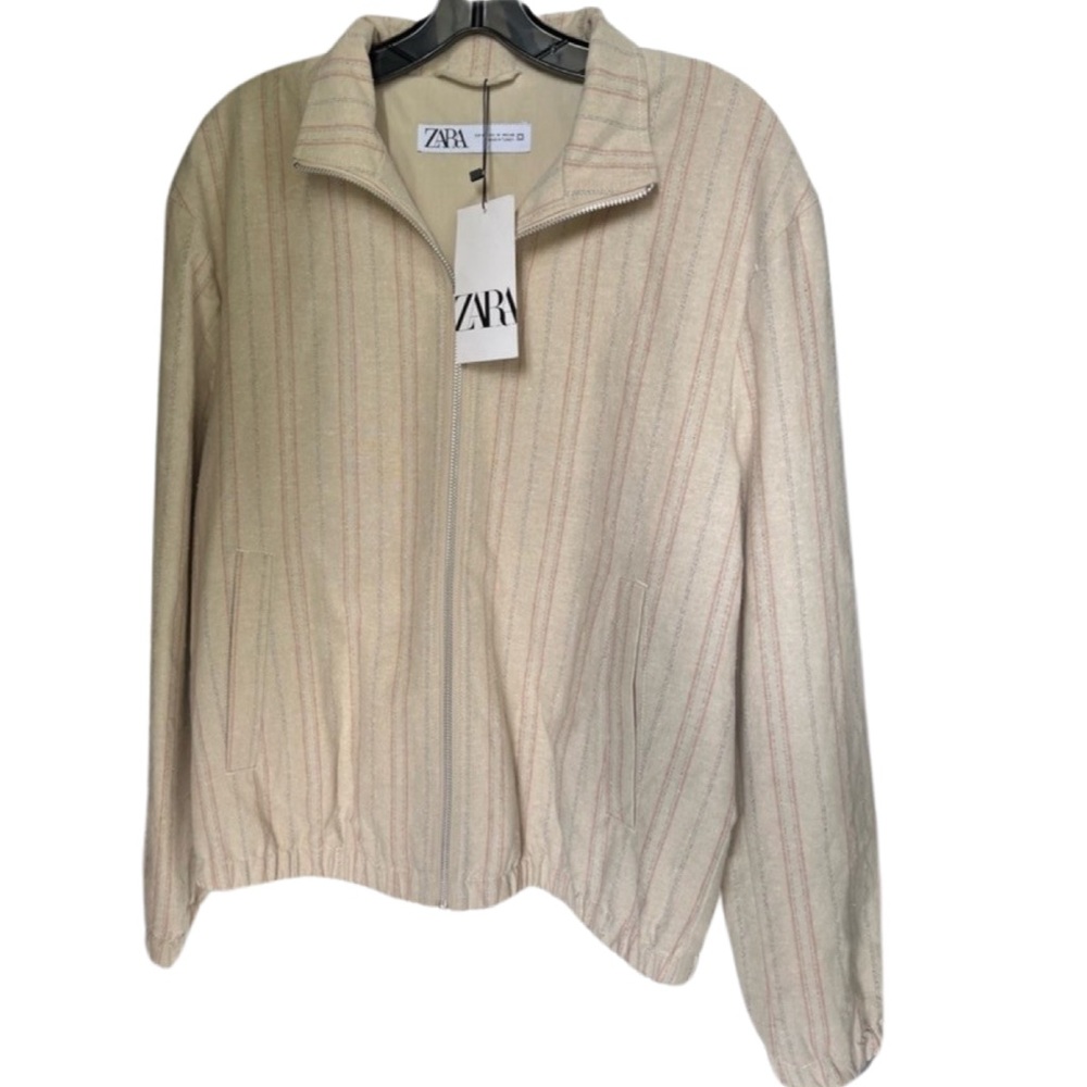ZARA Men's Bomber Jacket  Lined Zip Front Beige Red Striped Cotton NEW Medium